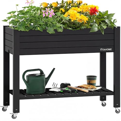 YITAHOME 3.6x1.5x2.8 FT Elevated Garden Bed Kit with Legs and Wheels, Outdoor Large Resin Planter Box Stand with Drain Plug and Storage Shelf for Plants Vegetables Fruits, Black