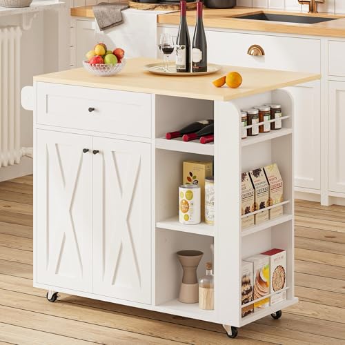 IRONCK Kitchen Island with Drop Leaf and Wine Rack, Rolling Kitchen Island on Wheels with Storage, Kitchen Island Cart with 3 Spice Rack, 3 Open Shelves, and Drawer, White