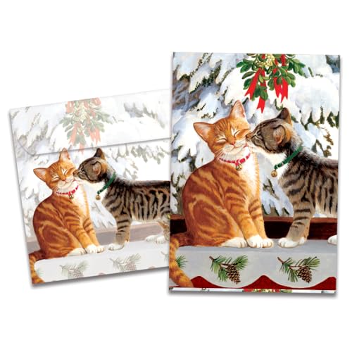 Tree-Free Greetings Kitten Kiss Holiday Cards - 10 Recycled 5x7 Cards & Matching Envelopes, Thick Cardstock, Sustainably Made in USA - Sweet Loving Joy