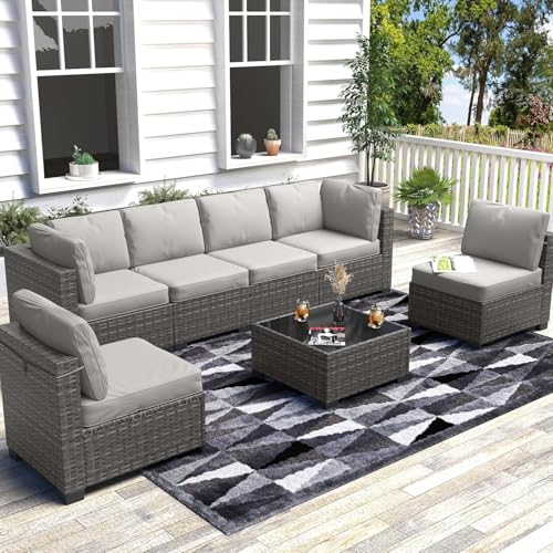 6 Piece Outdoor Patio Furniture Set with Glass Top Coffee Table, Patio Rattan Conversationr Sofa Set, All Weather Sectional Rattan Sofa and Chairs, Poolside, Garden, Porch, Grey + Light Grey