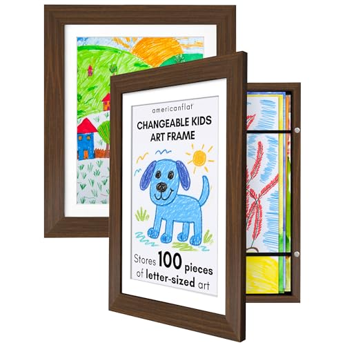 Americanflat - 2 Pack - Kids Artwork Frame Changeable (Walnut) - Magnetic Door Holds 100 Art Pieces - 8.5x11 Letter Size Display with Mat or 10x12.5 Without Mat - My Mini Masterpiece