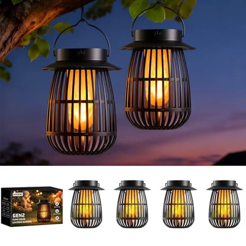 KYEKIO 4Pack Gen2 Flame Solar Lanterns Outdoor Waterproof, Solar Hanging Lantern Decorative, Flickering Flame Outdoor Lanterns Solar Powered, Lights for Yard Patio Garden Decor as Mothers Day Gifts