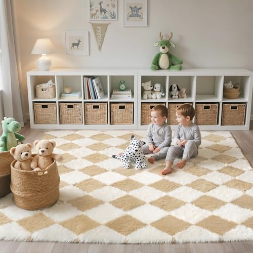 GENIMO Checkered Rug 5x7 Area Rugs for Kids Bedroom Soft Shag Rug Fluffy Fuzzy Carpet Plush Rugs for Living Room Nursery Playroom Dorm Modern Home Decor Aesthetic, Beige and White