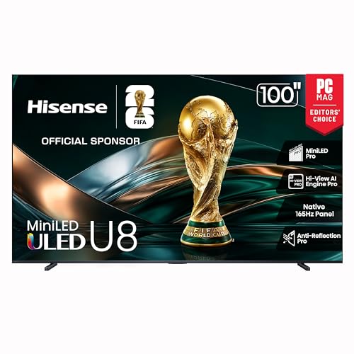 Hisense 100" Class U8 Mini-LED ULED 4K UHD Google Smart TV (100U8QG, 2025 Model) - QLED, Native 165Hz, VRR 288, Up to 5000 Nits, HDR10+, Dolby Vision IQ · Atmos, IMAX Enhanced, 4.1.2 Ch Surround