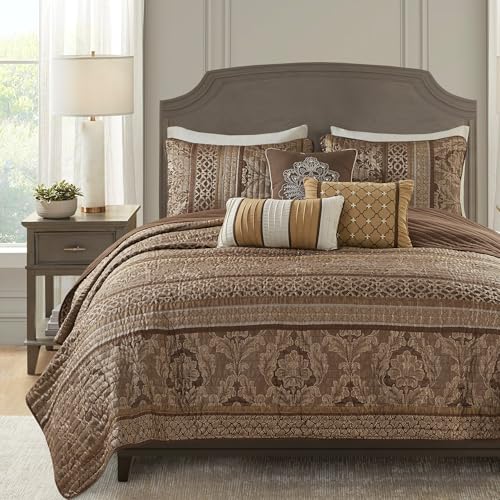 Madison Park Quilt Traditional Damask Design All Season, Lightweight Coverlet Bedspread Bedding Set, Matching Shams, Pillows, King/Cal King(104"x94"), Bellagio, Jacquard Brown/Gold 6 Piece (MP13-369)