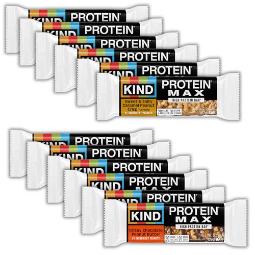 KIND Protein MAX Bars Variety Pack, Gluten Free, Low Sugar, High Fiber Snacks, Sweet & Salty Caramel Peanut Crisp, Crispy Chocolate Peanut Butter, 20g Protein, 12 Count
