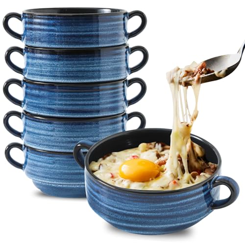 HASENSE French Onion Soup Bowls with Handles, 20 Oz Ceramic Soup Bowls Set of 6, Stackable Serving Bowls for Chili, Stew & Pot Pies, Microwave Dishwasher Safe, Blue Farmhouse Kitchenware