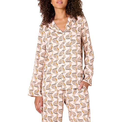 Amazon Essentials Women's Regular-Fit Long-Sleeve Satin Sleep Shirt Only (Pants Sold Separately), Pale Pink Blush Leopard, Medium