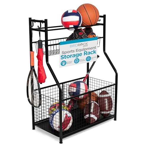 BIRDROCK HOME Sports Equipment Ball Organizer 43"H for Garage -Storage Rack - Baseball, Tennis, Football, Gym Gear - Wide Bin Basket - 4 Hooks - Kids Toy Holder - Hockey Stick Cage | Indoor - Outdoor