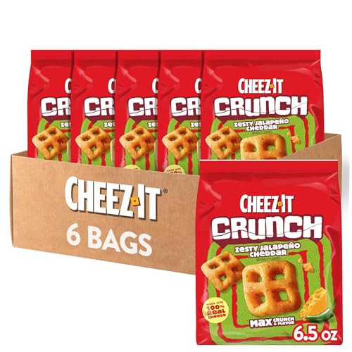 Cheez-It Crunch Cheesy Baked Snacks, Lunch Snacks, Zesty Jalapeno Cheddar (6 Bags)