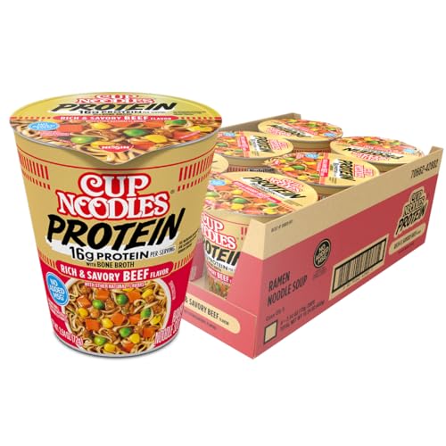 Nissin Cup Noodles Protein Ramen, Beef Flavor with Bone Broth, 16g Protein, 2.54 Ounce Cup (Pack of 6)