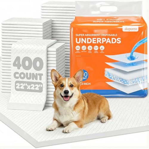 doporro Puppy Pads 400 Count Bulk Pack - Dog Pee Pads with Adhesive Sticky Strips, Super Absorbent Leak-Proof Potty Training Pads for Puppies and Dogs, 22" x 22" White