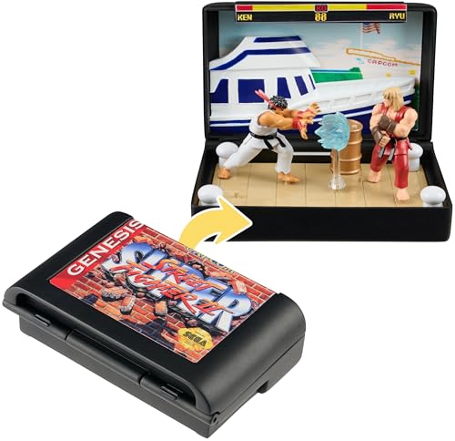 Console Heroes Super Street Fighter II Collectible Diorama – Mini Ryu & Ken Figures with Dock Stage Scene – Retro SEGA Genesis Cartridge Display & Playset
