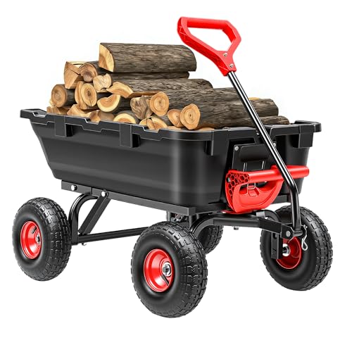 Autodaya 900LB Garden Dump Cart, 2026 Upgraded Heavy Duty Wheelbarrow Cart with 10" Non-Slip Pneumatic Tires & Quick-Release System, 4-Wheel Steel Frame Wagon for Transportation in Yard, Farm, Garden