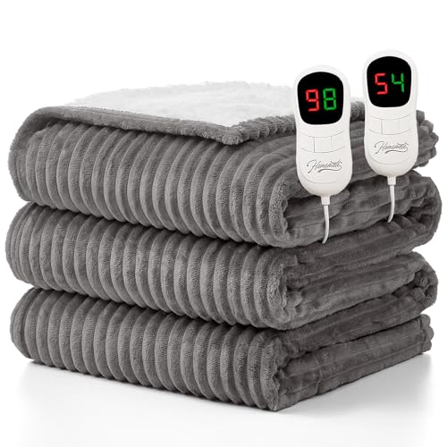 Homemate Electric Heated Blanket Queen Size - 84"x90" Heating Blanket Queen Size Dual Control 1/2/4/6/8 Hours Auto-Off 10 Heat Level Over-Heat Protection Soft Flannel Sherpa ETL Certification