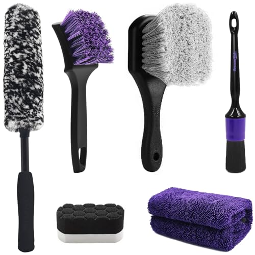 YeewayVeh 6Pcs Car Wheel & Tire Brush Kit, Professional Wheel Detailing Kit with Scratch-Free Rim Brush, Tire Brushes, Detailing Brush, Microfiber Towel & Tire Shine Applicator Pad, Vibrant Purple