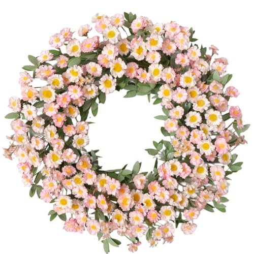 Bibelot Pink Daisy Spring Wreath for Front Door, 22 Inch Spring Summer Floral Wreath with Eucalyptus Leaves for Wall Window Home Festival Indoor Outdoor Decor