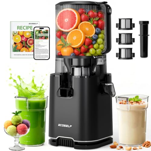 ECOSELF 3-in-1 Cold Press Juicer with 3 Filters for Juice, Nut Milk & Sorbet, 6.0" Extra Large Feed Chute, Masticating Juicer Machines For Whole Fruits & Vegetables, Quiet Motor (With Pusher)