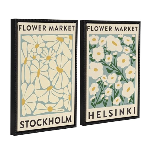 Kate and Laurel Sylvie Beaded Flower Market 1 and 2 Vintage Framed Canvas Wall Art Set by Carrie Cantwell; 2 Piece Set 18x24 Beaded Black; Botanical Two-Piece Framed Art Set for Wall