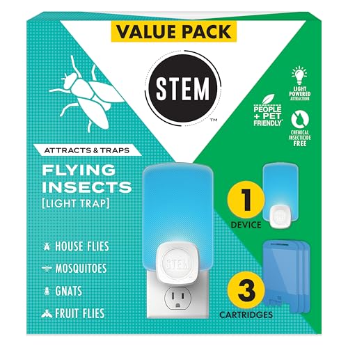 STEM Insect Trap - Indoor Fruit Fly & Gnat Pest Control for House, Home and Kitchen, Attracts & Traps Flying Bugs, Soft Blue Light - Includes 1 Plug-in Device & 3 Cartridges
