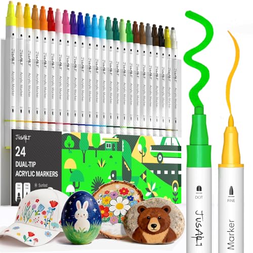 JusArt 24 Colors Acrylic Paint Markers, Dual Tip Coloring Markers with Dot and Fine Tip for Rock, Fabric, Wood, Glass, Ceramic, Canvas, Vibrant Art Supplies and DIY Crafts Art Supplies