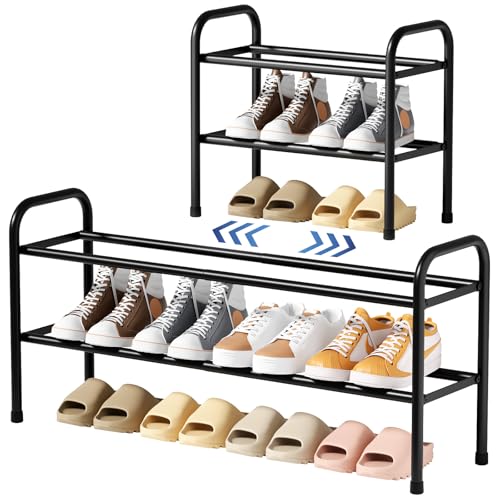 Kitsure Extendable Shoe Rack - 2-Tier Adjustable Metal Shoe Organizer, Sturdy Rust-Resistant Shoe Shelf for Entryway, Closet, or Bedroom, 17.5"–32.6" x 9.1" x 15.4", Black