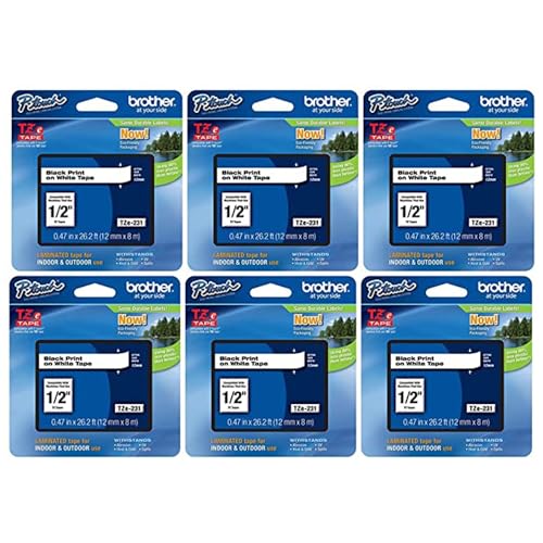Brother Genuine P-Touch, TZe-231 6 Pack Tape ½” (0.47”) x 26.2 ft. (8m) 6-Pack Laminated P-Touch Tape, Black on White, Perfect for Indoor or Outdoor Use, Water Resistant, TZE2316PKB (TZE231)