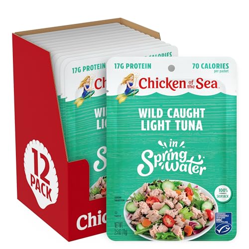 Chicken of the Sea Wild Caught Light Tuna in Spring Water, 2.5 Ounce Packets, 12-Count – High Protein 100% Skipjack Tuna in Water – Easy, Delicious, Nutritious Ready to Eat Meals