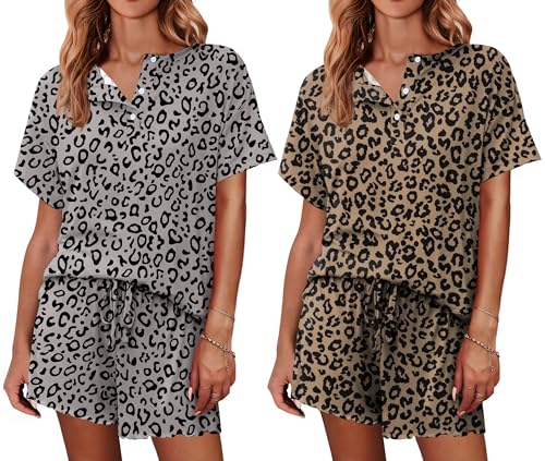 Ekouaer 2 Pack Womens Pajama Sets Short Sleeve Top with Shorts Soft Comfy Loungewear Sleepwear S