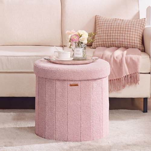 SONGMICS Mazie Collection - Round Storage Ottoman, Folding Footrest Stool with Removable Lid, Easy Assembly, Teddy Fleece Vanity Stool for Bedroom, Living Room, Entryway, Jelly Pink ULSF606R01