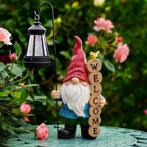 PETAFLOP Solar Garden Gnome Statue Decor with Welcome Sign, Funny Gnomes Figurine for Yard Patio Balcony Outdoor Decorations, Father's Day Birthday Housewarming Gifts for Mom Grandma