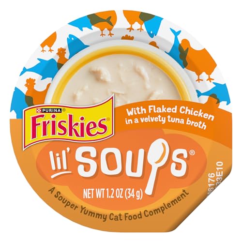Purina Friskies Natural, Grain Free Wet Cat Food Lickable Cat Treats, Lil' Soups Flaked Chicken - (Pack of 8) 1.2 oz. Tubs