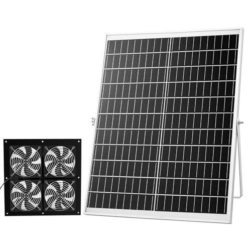VEVOR Solar Powered Fan, 25W Solar Panel with 4 Fans, Adjustable Solar Panel Angle, 2668 RPM High-Speed, Flexible Installation, Fast Air Exchange for Greenhouse, Grow Tents, Chicken Coops, Shelters