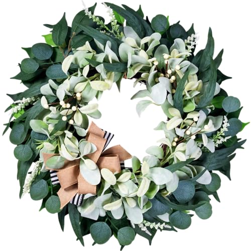 Artificial Wreaths for Front Door Year Round, 20-22" Green Eucalyptus Spring Summer Wreath with Lamb’s Ear Willow Ficus Leaves Bow, Modern Farmhouse Home Decor Porch Indoor Outdoor