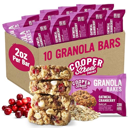 Cooper Street Granola Bakes Oatmeal Cranberry - 2oz Big Oatmeal Granola Bars - Good Source of Fiber & Whole Grains - Soft Baked Breakfast Oat & Seeds Bars - Nut & Dairy Free, School Safe - 10 Pack
