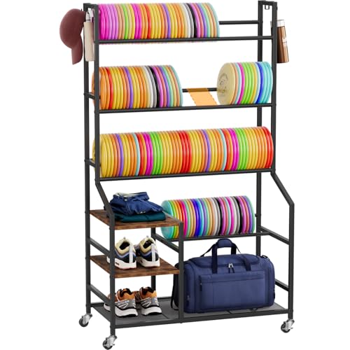 Portin 5 Tier Disc Golf Storage Rack, Disc Station Organizer with Hooks and wheels, Disc Golf Shelf for Storing Sports Equipment Accessories, Disc Golf Bag Basket Organizers for Home Garage Basement