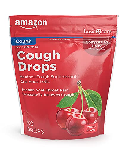 Amazon Basic Care Cherry Menthol Cough Drops for Sore Throat Relief, Soothing Lozenges in Resealable Bag, 160 Count (Previously SoundHealth)