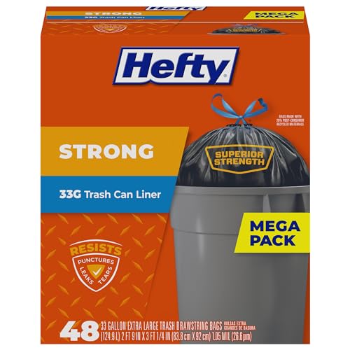 Hefty Strong Extra Large Trash Bags, Black, 33 Gallon, 48 Count
