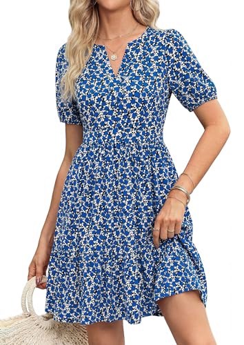 PRETTYGARDEN Womens Summer Floral Boho Dresses 2026 Casual V Neck Puff Sleeve A Line Flowy Beach Vacation Short Dress (Floral Blue,XL)