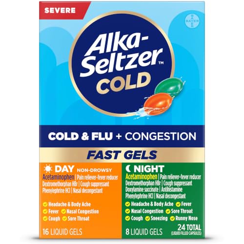 Alka-Seltzer Cold, Cold & Flu + Congestion Severe Day/Night Fast Gels, Cold & Flu + Congestion Medicine, Multi-Symptom Relief, Body Aches and Pains, Fever Reducer, 24 Count (Packaging May Vary)
