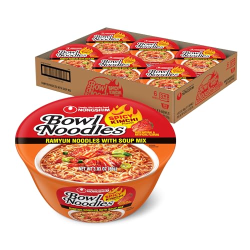 Nongshim Ramen Noodles, Gourmet Instant Ramen bowl, Premium Microwavable Noodle Soup, Kimchi, 3.03 Ounce (Pack of 6)