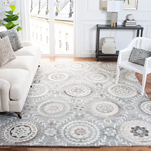 SAFAVIEH Suzani Collection Area Rug - 9' x 12', Grey, Handmade Boho Wool, Ideal for High Traffic Areas in Living Room, Bedroom (SZN334F)