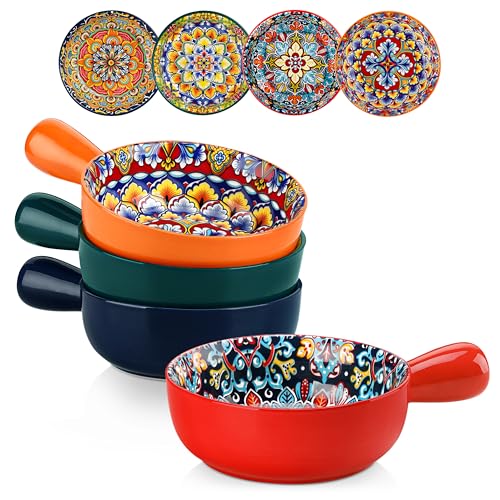 vancasso Soup Bowls with Handles, 23 Oz French Onion Soup Bowls Oven Safe, Bohemian Ceramic Soup Crocks for Cereal, Pasta, Beef Stew, Chilli, Microwave Dishwasher Safe-6.2 inch, Set of 4