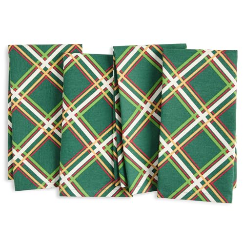 kate spade new york Acrobat Plaid Holiday Cloth Napkins 4-Pack Set, 100% Cotton, Machine Washable, Green/Red, 20"x20"
