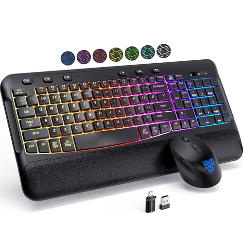 COLIKES Wireless Keyboard and Mouse Combo, Ergonomic Wave, 9 RGB Backlit Effects, Leather Wrist Rest, Rechargeable 2.4G USB Silent Set for Computer/Windows/Mac, Black