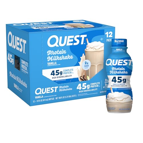 Quest Nutrition Vanilla Protein Shake, 45g Protein, 2g Sugar, 3g Net Carbs, Ready to Drink, Gluten Free, 12 Count, Bottle
