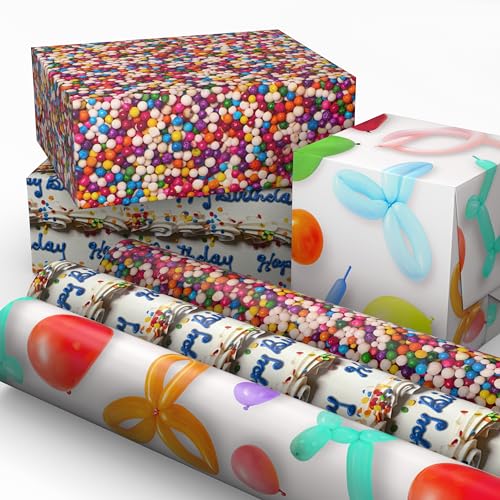 Hallmark Birthday Wrapping Paper Mini Rolls, 3-Pack (Balloon Animals, Cake Frosting, Rainbow Sprinkles) for Kids Parties, Graduations, Celebrations, Any Occasion - 60 Sq. Ft. Total