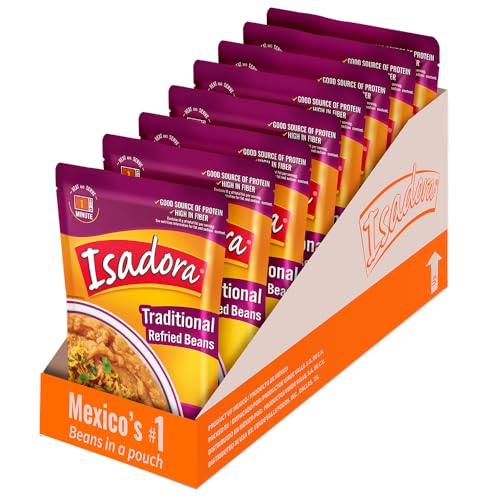 Isadora Traditional Refried Beans in Pouch (Pack of 8), Delicious Refried Beans, Microwave Food Premade Meals, Plant Based Protein,15.2 oz