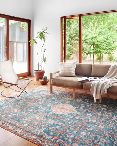 Loloi Layla Collection LAY-10 Marine/Clay 5'-0" x 7'-6" .13" Thick Area Rug, Soft, Durable, Vintage Inspired, Distressed, Low Pile, Non-Shedding, Easy Clean, Printed, Living Room Rug
