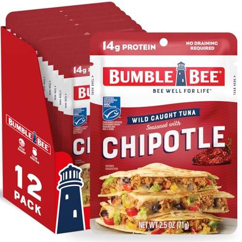 Bumble Bee Chipotle Seasoned Tuna, 2.5 oz Pouches (Pack of 12) - Ready to Eat - Wild Caught Tuna Packet - 14g Protein per Serving - Gluten Free